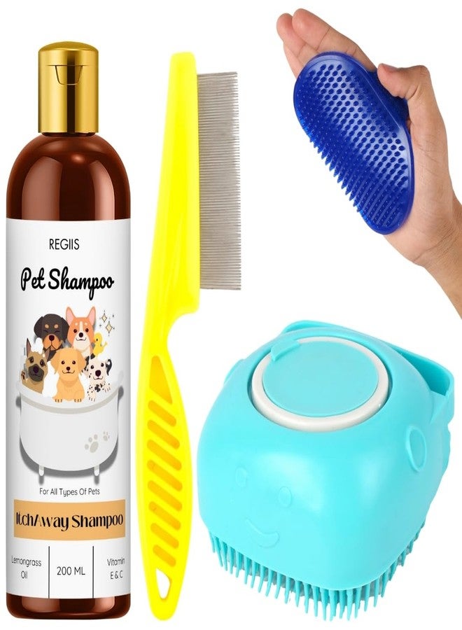 مجموعة ريجيس للعناية بالحيوانات الأليفة مع شامبو إيتش أواي، 200 مل، مجموعة فرشاة زرقاء، مشط أصفر، تركيبة زيت عشبة الليمون للكلاب والقطط وجميع الحيوانات الأليفة (عبوة من 4 قطع) - Image 1